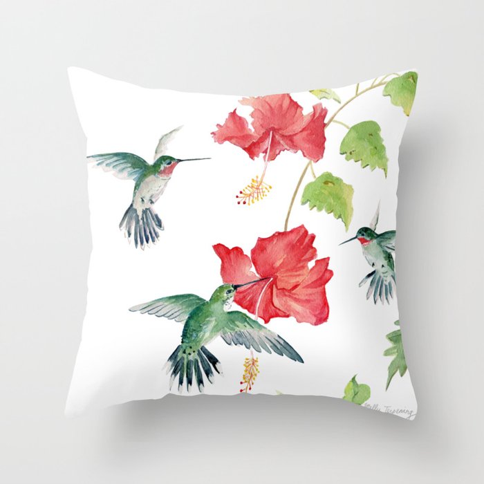 Hummingbirds and Hibiscus  Throw Pillow
