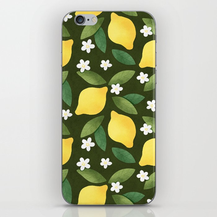 Lemons floral pattern on dark background iPhone Skin