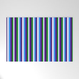 [ Thumbnail: Blue, Lavender, Green, and Indigo Colored Pattern of Stripes Welcome Mat ]