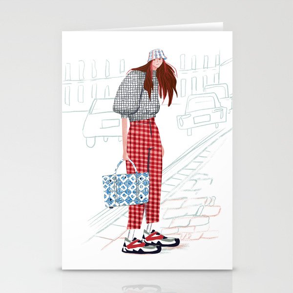 Cute girl with textured trousers and big bag and hat on white background Stationery Cards