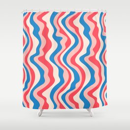 GOOD VIBRATIONS GROOVY MOD RETRO WAVY STRIPES in RED SUBTLE PINK ICY BLUE CREAM Shower Curtain