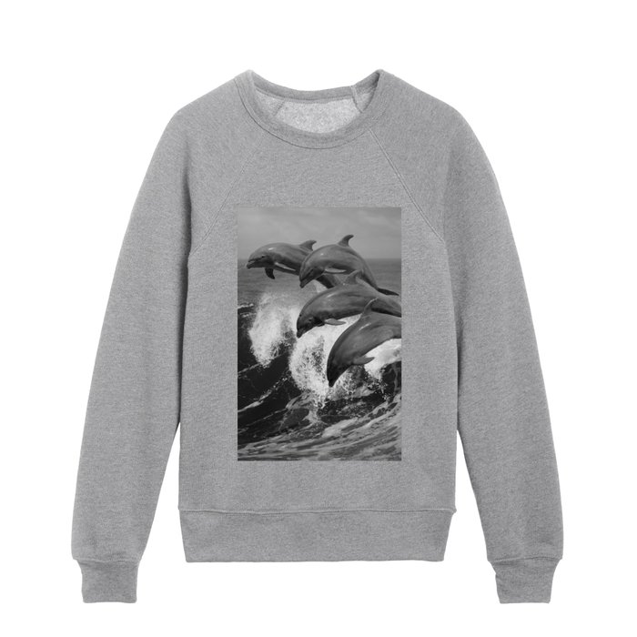 Four Bottle Noise Dolphins Jumping Waves In Tropical Ocean Black and White Animal Wildlife Photograph Kids Crewneck