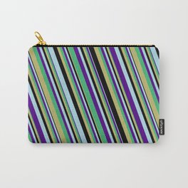 [ Thumbnail: Eye-catching Sea Green, Dark Khaki, Black, Light Blue, and Indigo Colored Striped/Lined Pattern Carry-All Pouch ]