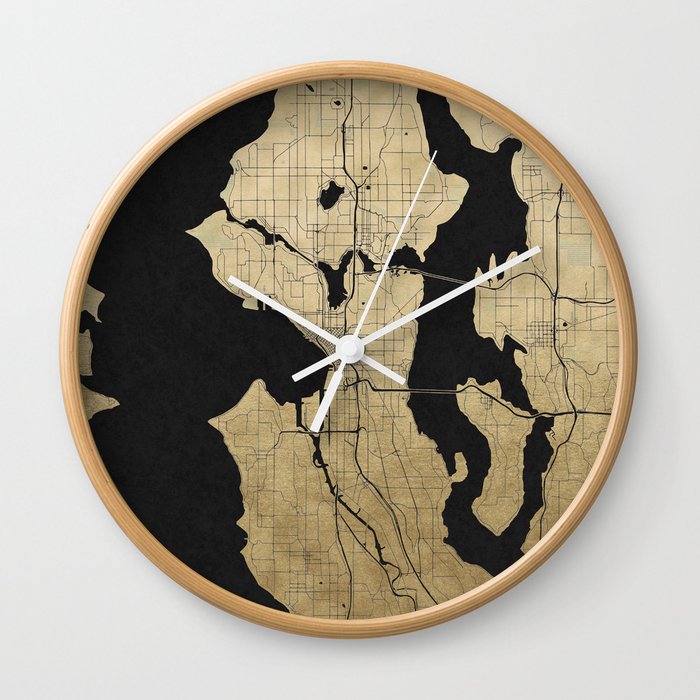 Seattle Black and Gold Street Map Wall Clock