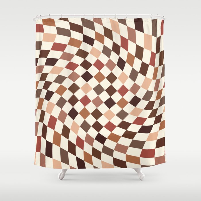 Coffee Brown Swirl Checker Shower Curtain