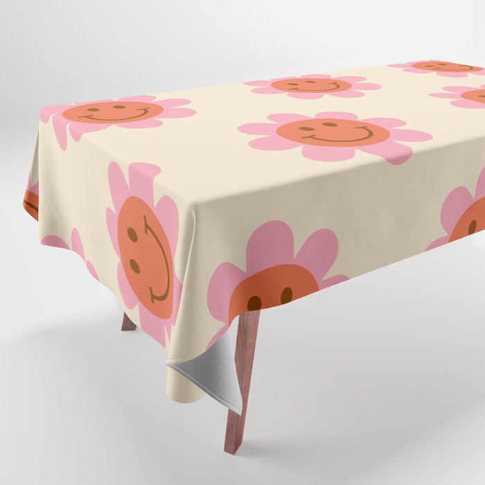70s Retro Smiley Floral Face Pattern in Pink, Beige and Orange Tablecloth