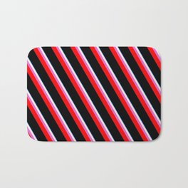 [ Thumbnail: Eyecatching Blue, Beige, Orchid, Red & Black Colored Lines/Stripes Pattern Bath Mat ]