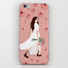 white dress girl in Pink daisies background iPhone Skin