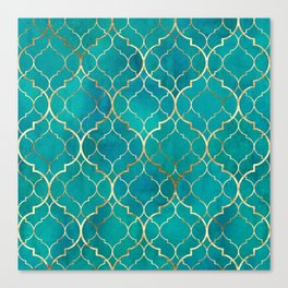 Teal Emerald Golden Moroccan Quatrefoil Pattern Canvas Print