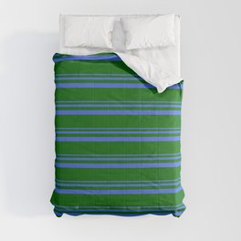 [ Thumbnail: Royal Blue & Dark Green Colored Striped/Lined Pattern Comforter ]