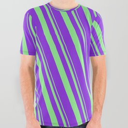 [ Thumbnail: Light Green and Purple Colored Lines Pattern All Over Graphic Tee ]