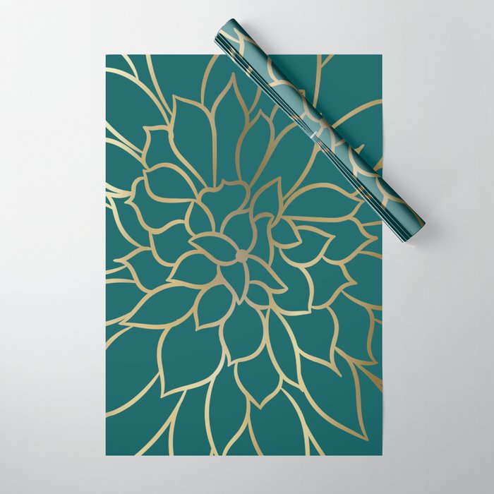 Festive, Flower Bloom, Teal Green and Gold Wrapping Paper
