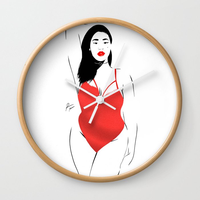 Beautiful woman posing in red swimsuit and lipstick Wall Clock