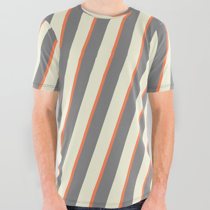 Beige, Coral & Grey Colored Lined Pattern All Over Graphic Tee