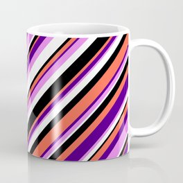 [ Thumbnail: Eyecatching Red, Indigo, Violet, White & Black Colored Lined Pattern Coffee Mug ]