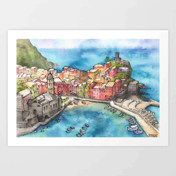 Cinque Terre Ink Watercolor Illustration Art Print By