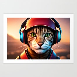 Cute teen cat wearing headphones. Art Print