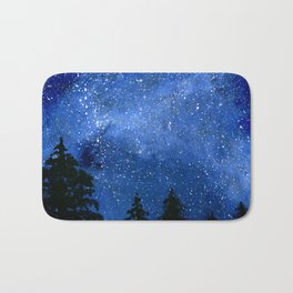 Celestial Reverence Bath Mat | Painting, Forest, Pine, Larch, Navy, Square, Lightblue, Starry, Night, Magic 