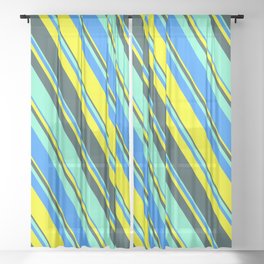 [ Thumbnail: Blue, Yellow, Dark Slate Gray, and Aquamarine Colored Lines Pattern Sheer Curtain ]