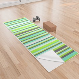 [ Thumbnail: Light Green, Dim Grey, Aquamarine, and Mint Cream Colored Stripes Pattern Yoga Towel ]