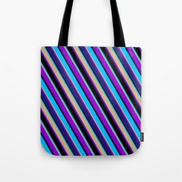 [ Thumbnail: Eyecatching Deep Sky Blue, Tan, Dark Violet, Midnight Blue, and Black Colored Lines Pattern Tote Bag ]