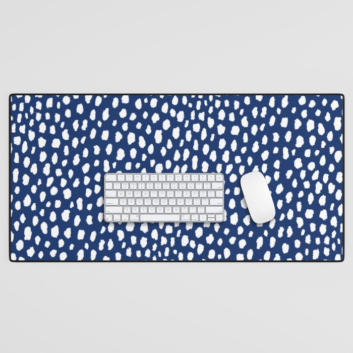 Handmade polka dot brush strokes (white/navy blue) Desk Mat