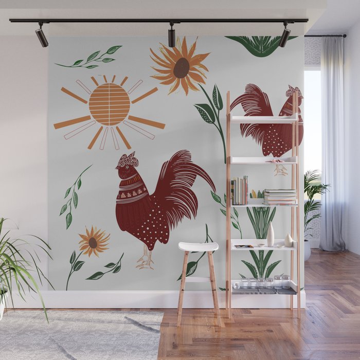 Folk art rooster pattern Wall Mural