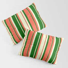 [ Thumbnail: Red, Light Yellow & Dark Green Colored Stripes Pattern Pillow Sham ]