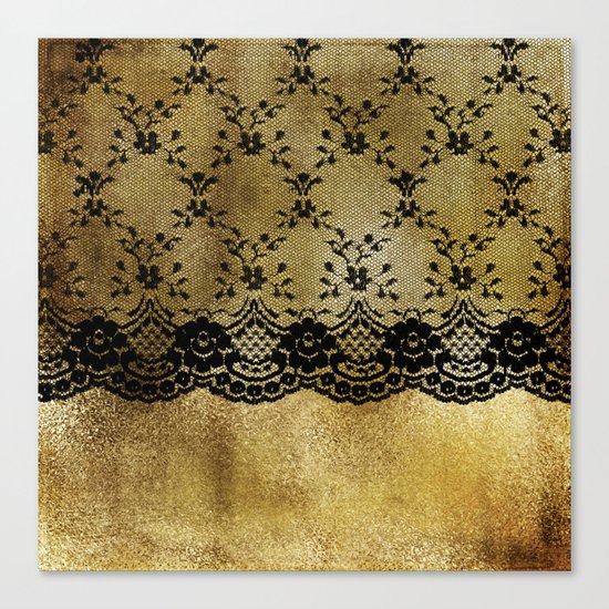 Black floral elegant lace on gold metal background- #Society6 Canvas Print