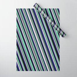 [ Thumbnail: Light Grey, Midnight Blue, Black, Aquamarine & Dim Grey Colored Lined/Striped Pattern Wrapping Paper ]