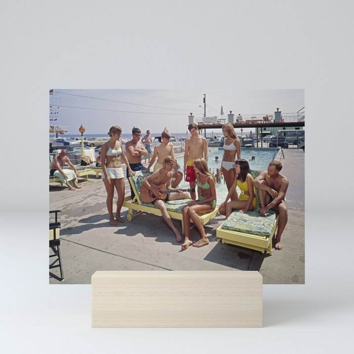 1960's teenagers playing guitar and singing by the Gondolier Motel pool, Wildwood, NJ Mini Art Print