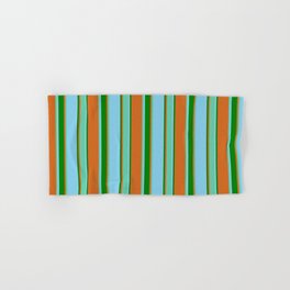 [ Thumbnail: Chocolate, Aquamarine, Sky Blue & Green Colored Stripes Pattern Hand & Bath Towel ]