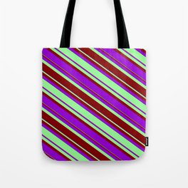 [ Thumbnail: Green, Maroon, and Dark Violet Colored Lined/Striped Pattern Tote Bag ]