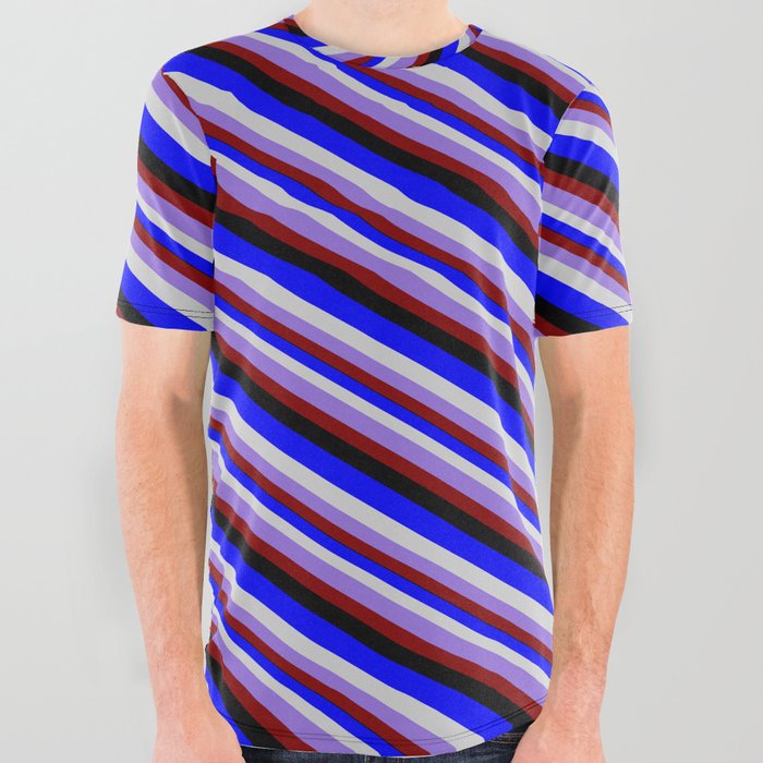 Colorful Blue, Light Gray, Purple, Maroon, and Black Colored Stripes/Lines Pattern All Over Graphic Tee