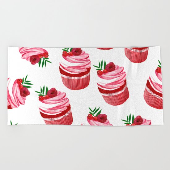 Red velvet cupcakes pattern Beach Towel