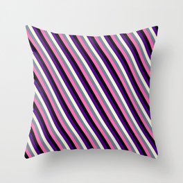 [ Thumbnail: Vibrant Indigo, Beige, Slate Gray, Hot Pink, and Black Colored Striped/Lined Pattern Throw Pillow ]