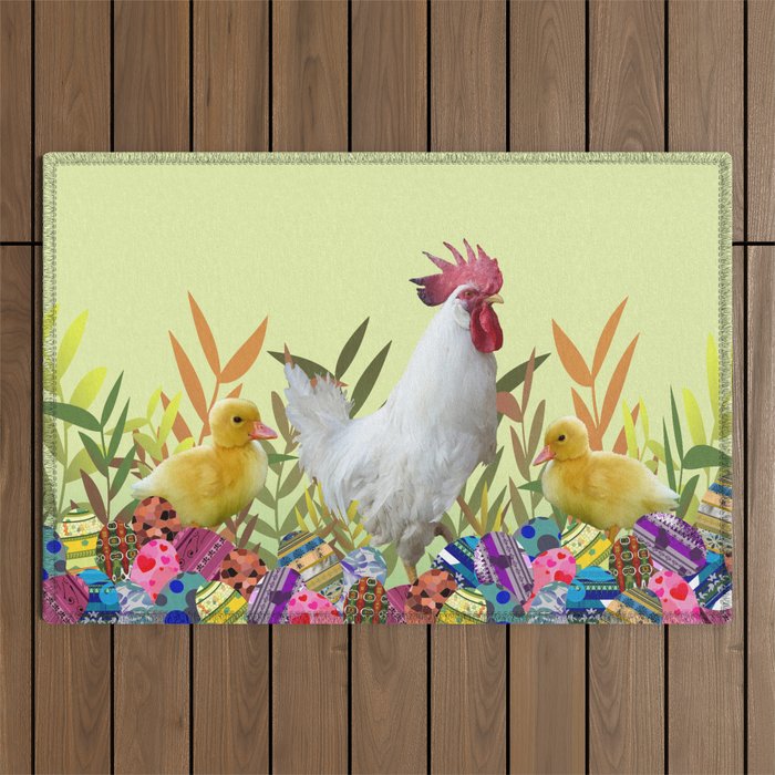 Rooster Chicken Easter eggs colorful Outdoor Rug
