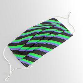 [ Thumbnail: Eye-catching Tan, Lime, Green, Medium Slate Blue & Black Colored Striped/Lined Pattern Face Mask ]