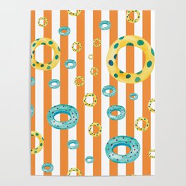 Yellow and Blue Pool Floats on Orange Stripes Poster