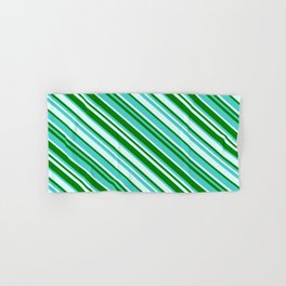 [ Thumbnail: Green, Turquoise & Light Cyan Colored Lined/Striped Pattern Hand & Bath Towel ]