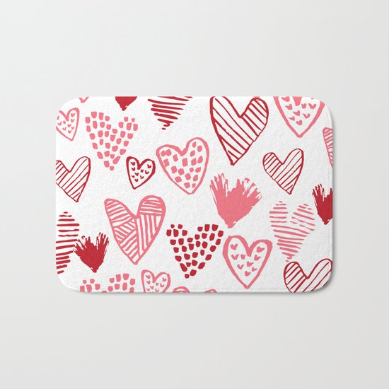 Hearts red and white hand drawn minimal modern fun valentines day gifts Bath Mat