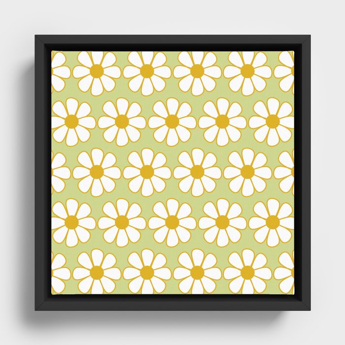 Cheerful Retro Daisy Pattern in Mustard and Light Avocado Green Framed Canvas