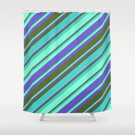 [ Thumbnail: Aquamarine, Slate Blue, Dark Olive Green, and Turquoise Colored Lines Pattern Shower Curtain ]