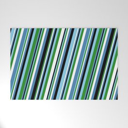 [ Thumbnail: Eye-catching Sky Blue, Forest Green, White, Blue & Black Colored Lined Pattern Welcome Mat ]