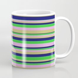 [ Thumbnail: Plum, Dark Khaki, Midnight Blue, and Lime Green Colored Lines/Stripes Pattern Coffee Mug ]