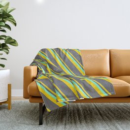 [ Thumbnail: Aquamarine, Yellow, and Dim Gray Colored Lined/Striped Pattern Throw Blanket ]