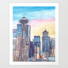 Seattle - ink and watercolor illustration Art Print