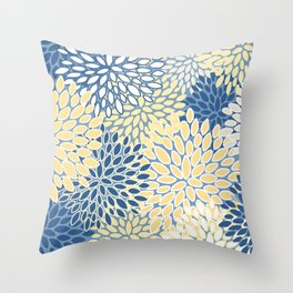 Modern, Flowers Print, Yellow, Blue and White Throw Pillow