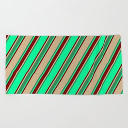 [ Thumbnail: Green, Maroon, Tan & Sea Green Colored Lined/Striped Pattern Beach Towel ]