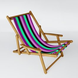 [ Thumbnail: Orchid, Purple, Green, and Black Colored Lined/Striped Pattern Sling Chair ]